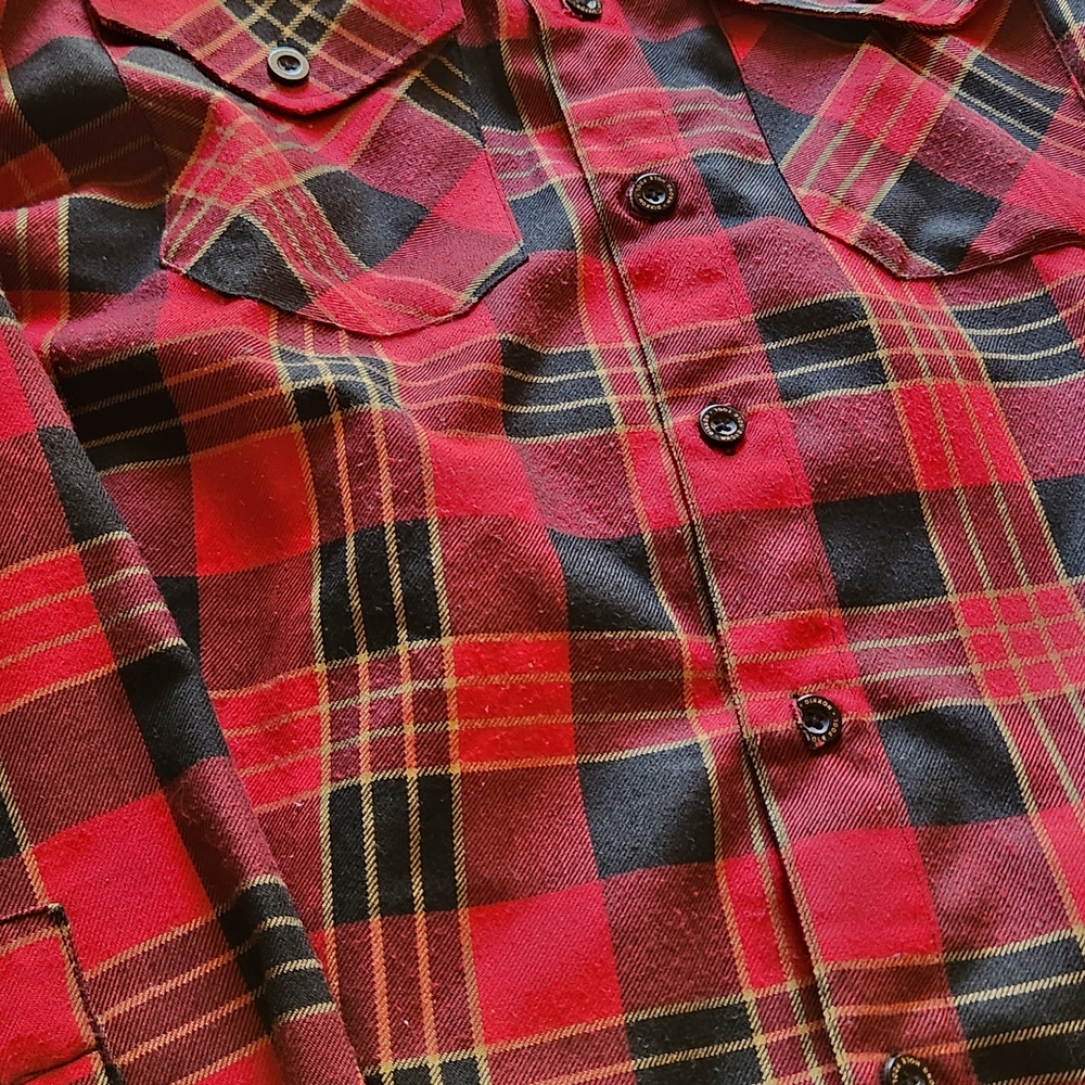 DIXXON Red and Black Plaid Casual Button-Down Shirt with Yellow Accents - Picture 3 of 4